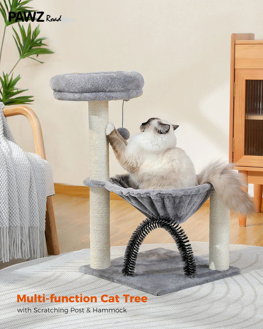 Cat Tree Tower with Hammock & Grooming Brush – Scratching Post, Plush Basket, & Perch -  