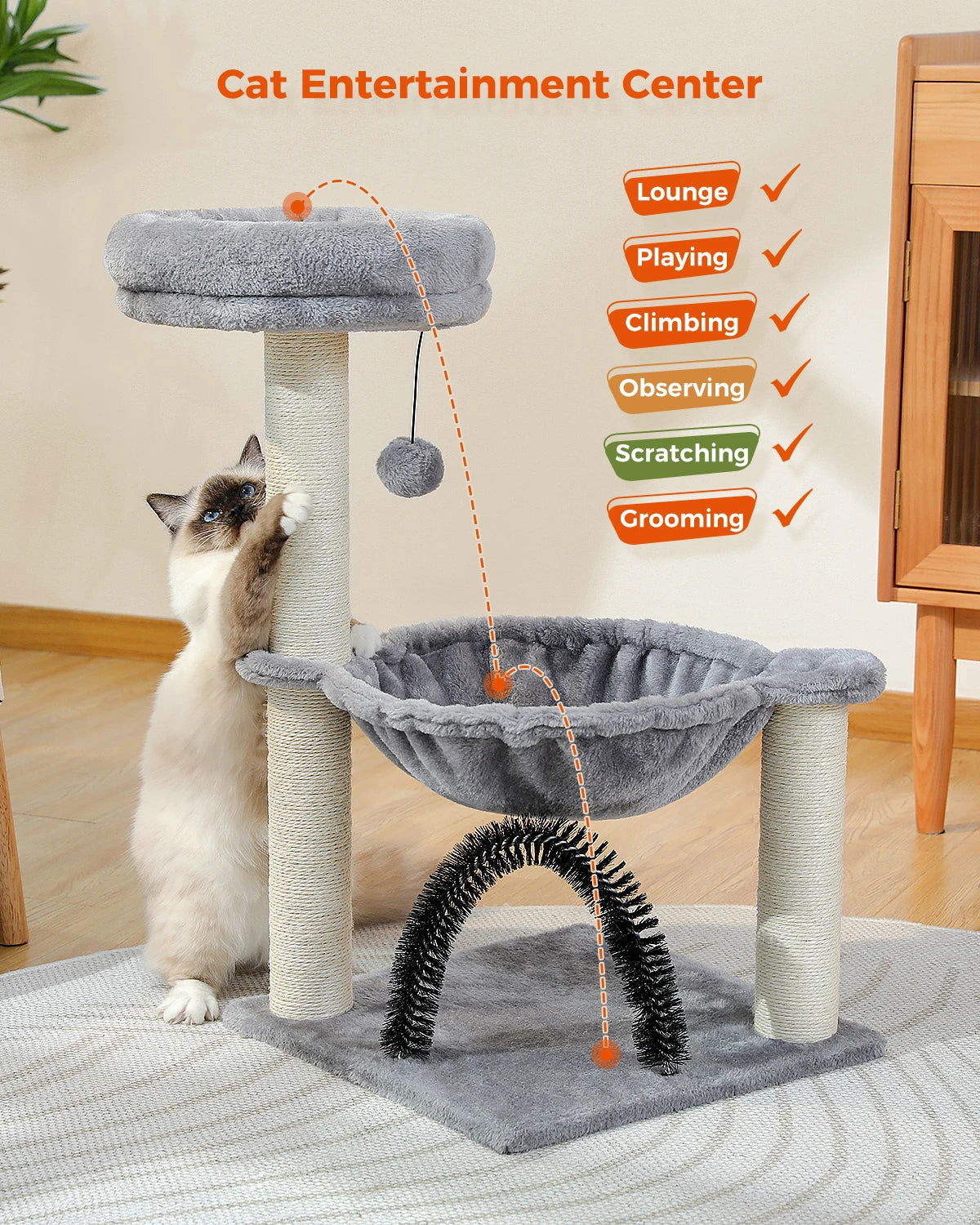 Cat Tree Tower with Hammock & Grooming Brush – Scratching Post, Plush Basket, & Perch -  