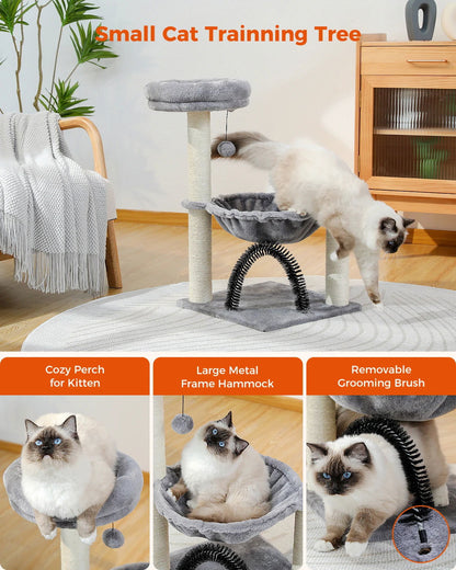 Cat Tree Tower with Hammock & Grooming Brush – Scratching Post, Plush Basket, & Perch -  