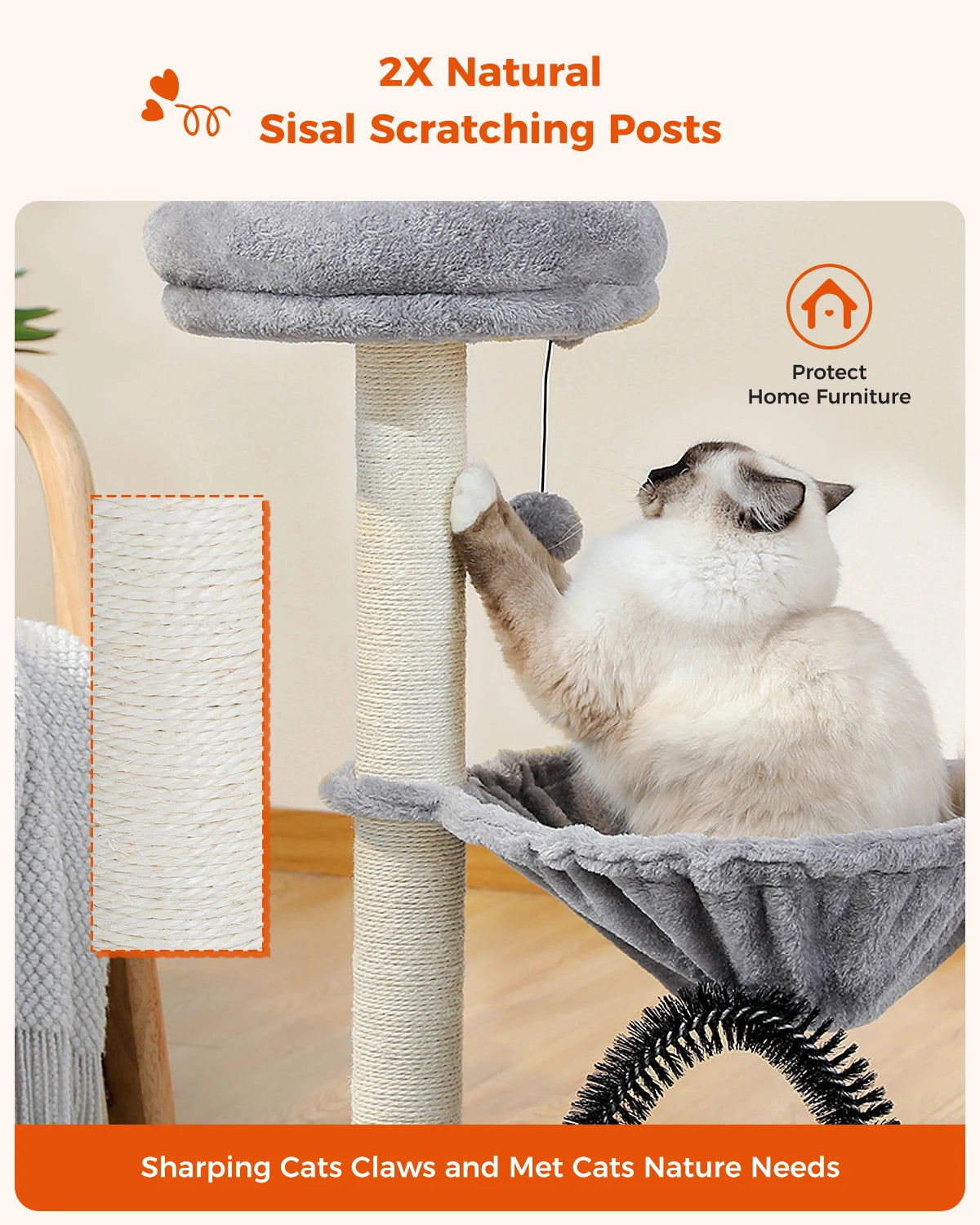 Cat Tree Tower with Hammock & Grooming Brush – Scratching Post, Plush Basket, & Perch -  