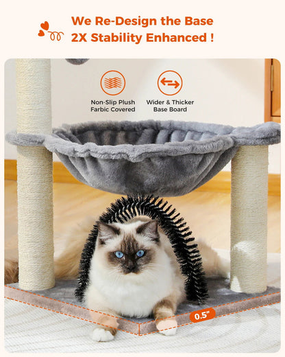 Cat Tree Tower with Hammock & Grooming Brush – Scratching Post, Plush Basket, & Perch -  
