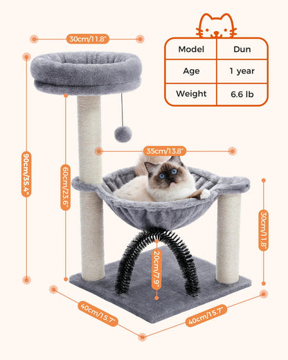 Cat Tree Tower with Hammock & Grooming Brush – Scratching Post, Plush Basket, & Perch -  