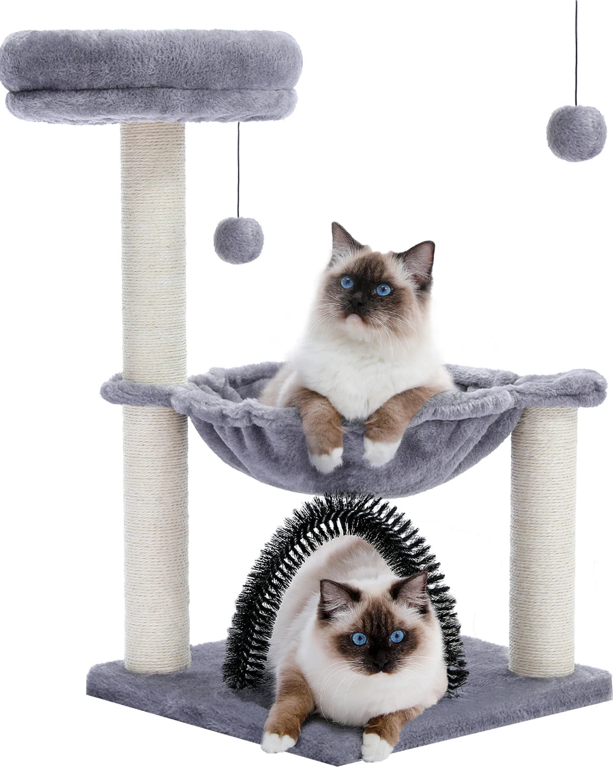 Cat Tree Tower with Hammock & Grooming Brush – Scratching Post, Plush Basket, & Perch -  