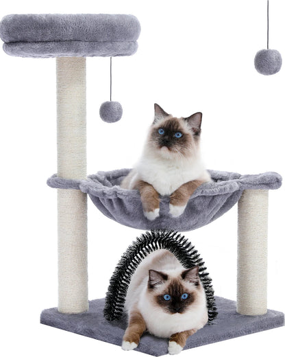 Cat Tree Tower with Hammock & Grooming Brush – Scratching Post, Plush Basket, & Perch -  