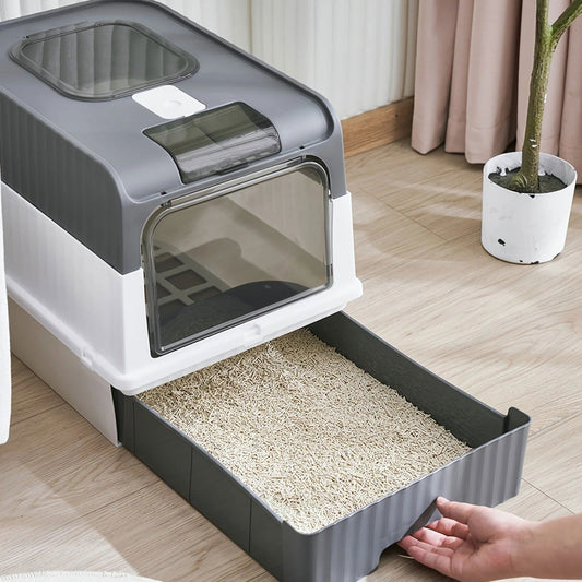Large Odor-Proof Cat Litter Box with Lid and Spoon - Fully Enclosed Drawer for Easy Cleaning